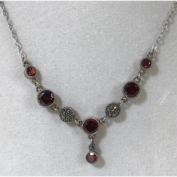 Vintage Jewelry - VTG Sterling Silver Marcasite & Garnet Necklace